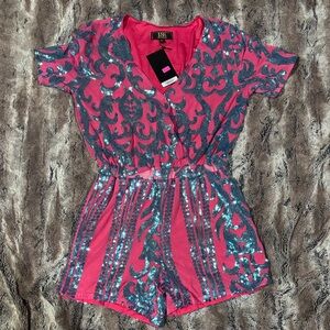 Lucky & Blessed Pink and Blue Patterned Romper